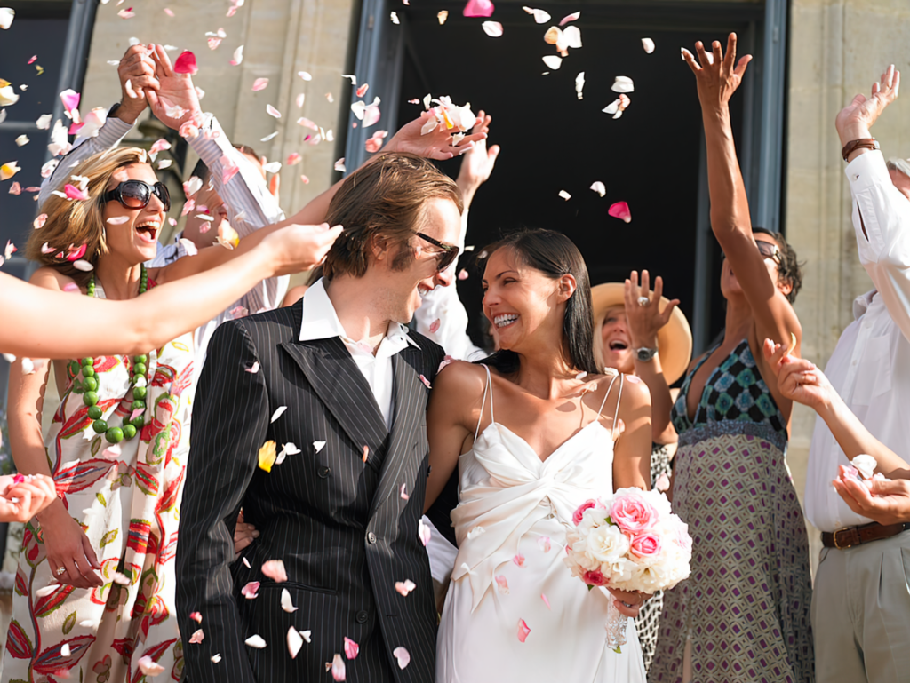 Wedding Couple Leaving Church Friends Smiling